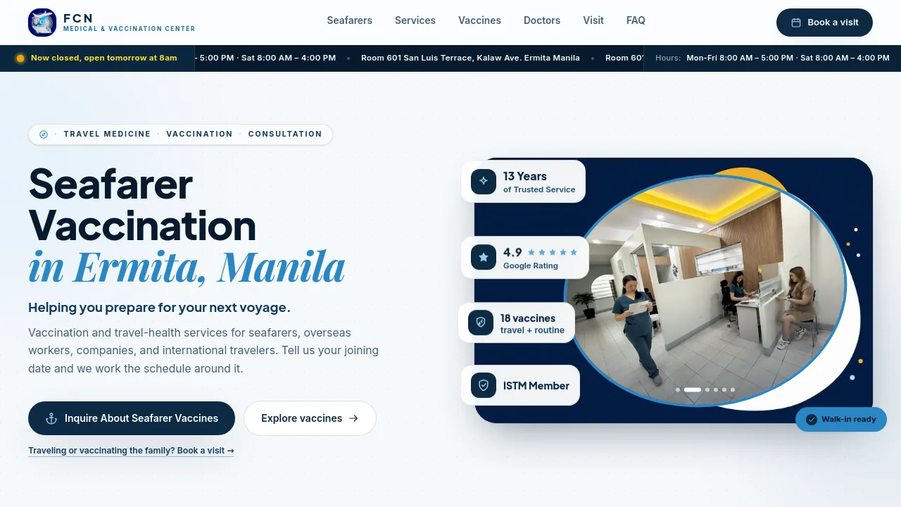 Screenshot of the FCN Medical and Vaccination Clinic homepage