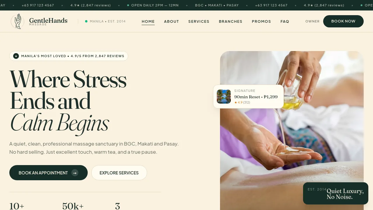 Screenshot of the GentleHands Massage homepage